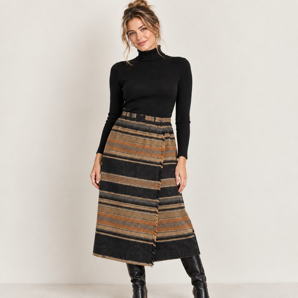 Vintage Rafaella Women 14 Wool Blend Wrap Maxi Skirt Stripe Fringe Boho Heritage